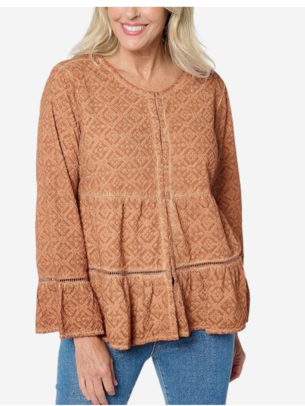 LOGO Lori Goldstein Jacket Top Womens Small Boho Cotton Ruffle Tier Rust Orange